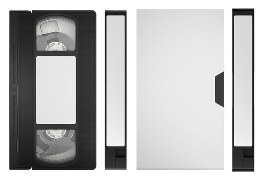 Isolated VHS video cassette tape with and without blank white paper sleeve cover, front and top view, mockup