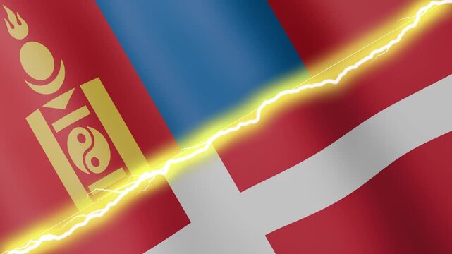 Two waving flags Denmark and Mongolia with diagonal lightning seamless, 4k loop
