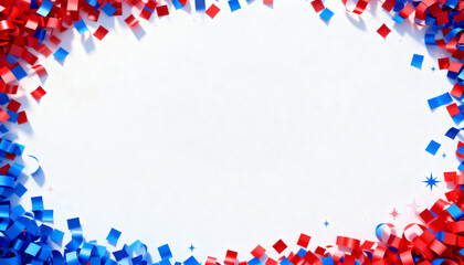 Fototapeta premium Patriotic confetti frame background, red white blue paper confetti border around clean white copy space, patriotic 250th anniversary design, red white blue banner template with copy space