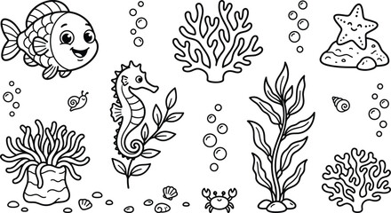 Cute Underwater Sea Life Line Art Vector Set with Cartoon Fish, Seahorse, Starfish, and Coral Icons for Kids Coloring Books © MD