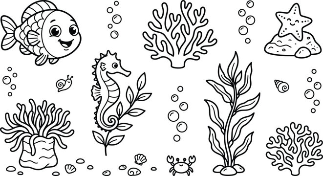 Cute Underwater Sea Life Line Art Vector Set with Cartoon Fish, Seahorse, Starfish, and Coral Icons for Kids Coloring Books