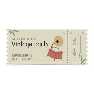 Vintage party invitation ticket with gramophone design. Flat vector illustration for retro events.