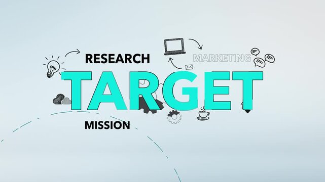 Target Cyan Typography with Research, Mission, Marketing Words