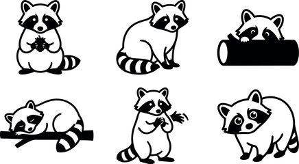 Obraz premium Black and white cute raccoon cartoon set with nuts and log