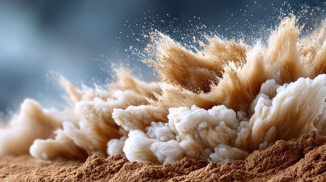 Coffee beans falling into an explosive cloud of energy boosting protein powder, creating a dynamic fusion of flavor and nutrition for a powerful start to the day