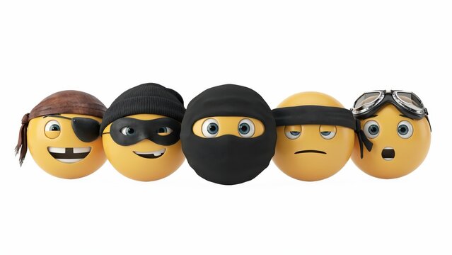 Five funny 3d emoji characters wearing various masks and accessories
