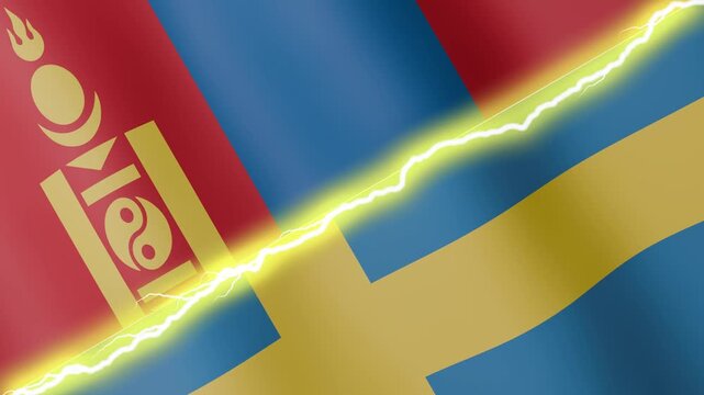 Two waving flags Sweden and Mongolia with diagonal lightning seamless, 4k loop