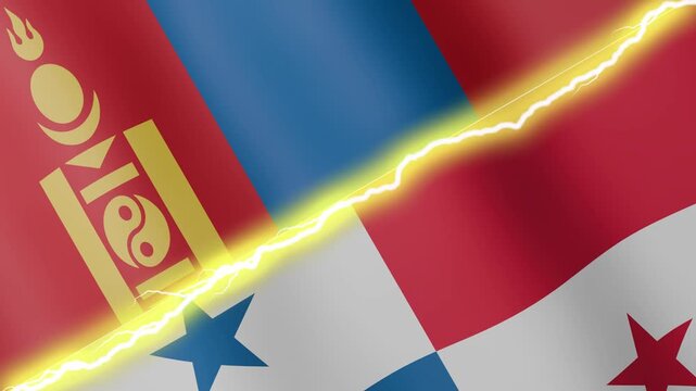 Two waving flags Panama and Mongolia with diagonal lightning seamless, 4k loop