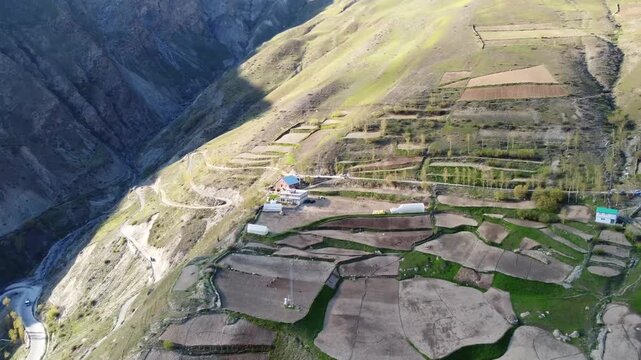 Drone Footage of Terraced Mountain Farms in Himachal Pradesh, India