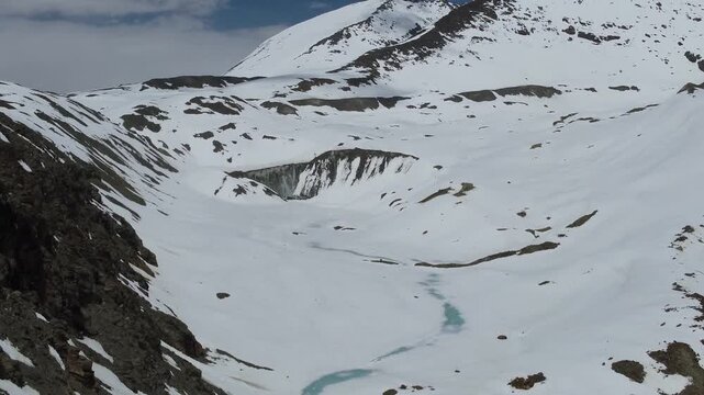 Breathtaking Aerial Landscape of Snow Covered Peaks and frozen lake in Himachal Pradesh