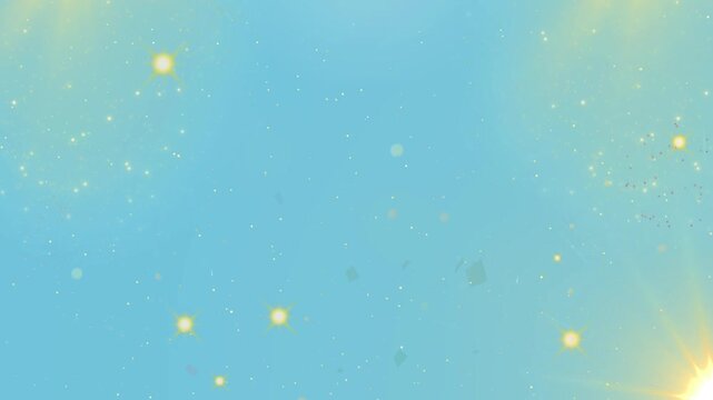 Confetti sparkles in a blue space with golden light bursts emerging from the corners.