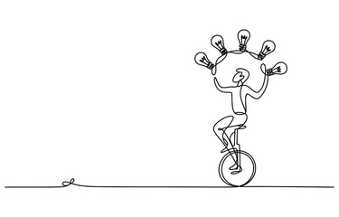 Continuous single line drawing of a man riding a unicycle and juggling light bulbs representing business innovation Vector, illustration © Design bundle Press