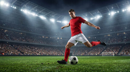 Naklejka premium Professional Football Player Kicking Soccer Ball in Illuminated Stadium at Night