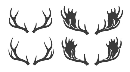 Naklejka premium Deer and moose antlers silhouettes collection, isolated black hunting trophies set vector illustration