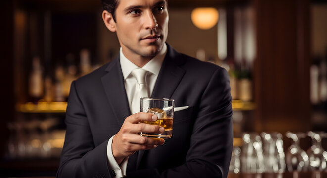 Elegant man in a dark suit holding a glass of whiskey. Sophisticated gentleman drinking bourbon in an upscale bar