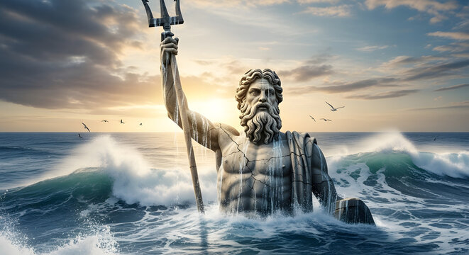 Colossal stone statue of Poseidon holding a trident emerging from ocean waves. Ancient Greek mythology god of the sea at sunset