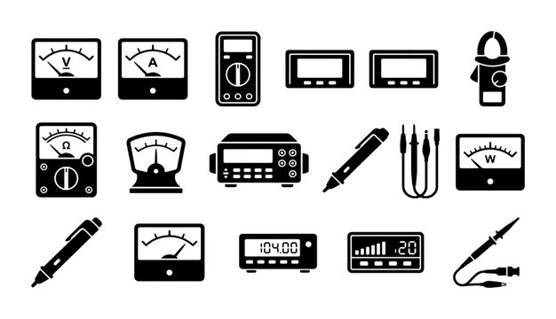 Electrical measuring tools icon set, black voltmeter and ammeter vector symbols, digital multimeter and electronic testing equipment icons