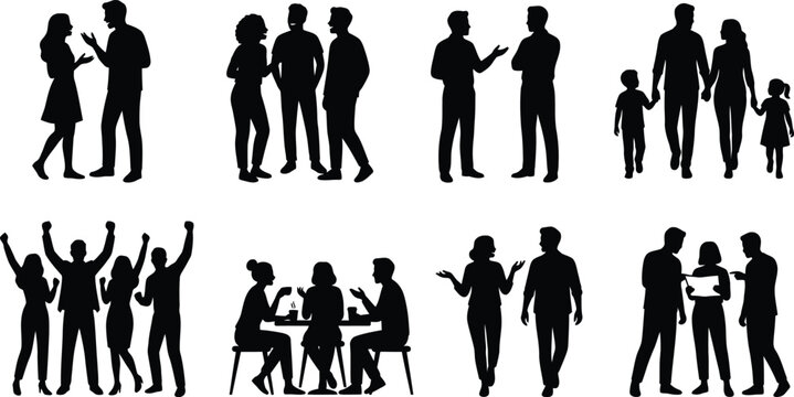 Black silhouettes of people in various poses and groups