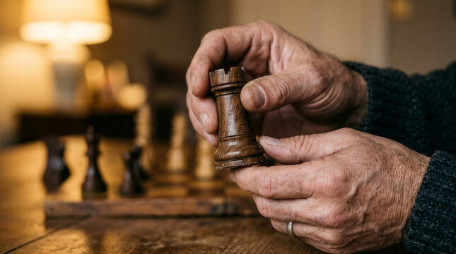 Man holding rook chess piece in his hands, focused and engaged, indoor setting