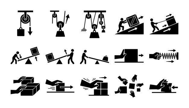 Simple machines physics icons set, 15 black vector pictograms of mechanical advantage, pulley and lever systems for education and industry