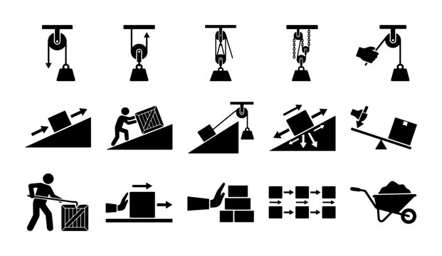 Simple machines physics icons set, 15 mechanical force and motion vector symbols, pulley and lever diagrams, industrial lifting and work pictograms