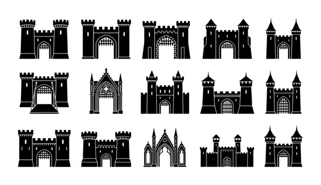 Medieval castle gate silhouettes, set of 15 black fortress icons, gothic palace entrance and stone tower vector collection for historical design