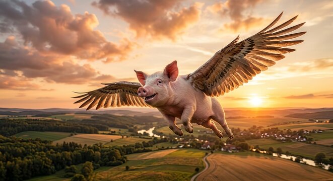 Fantasy flying pig with majestic wings soaring over a scenic countryside landscape at sunset. Concept of impossible dreams, imagination, freedom, optimism, success, creativity, and the famous "when pi