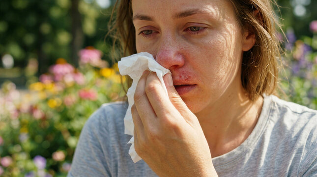Woman with allergies wiping her nose in a blooming garden during a sunny summer day