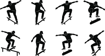 Black silhouette skateboarder performing tricks © SHOFIQUL