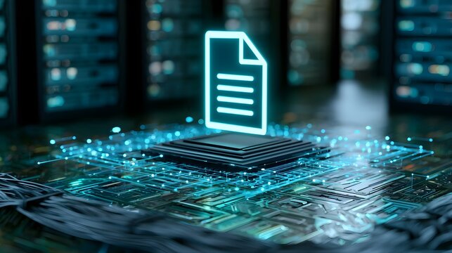 Glowing neon document file icon hovering above a complex computer processor chip set in a modern high tech server room