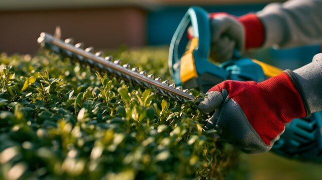 Professional gardener wearing protective red gloves using a sharp electric hedge trimmer to carefully shape green bushes in the garden