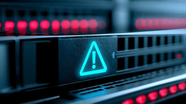 Glowing blue warning symbol displayed on a dark metallic server rack panel illuminated by soft red ambient background light rays