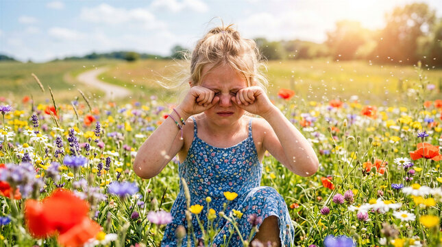 Girl with itchy eyes looking upset while sitting in a vibrant flower field at sunset