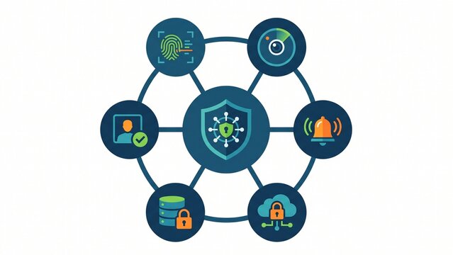 Flat vector graphic of a centralized network hub with radial connections, symbolizing master data management and secure server control