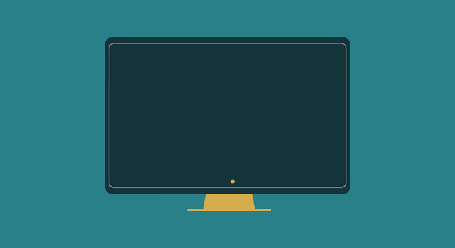 Modern computer monitor with sleek design and gold accents on teal background