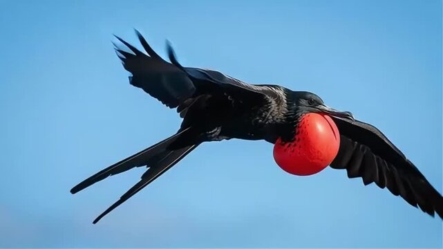 Frigatebird soars with red object