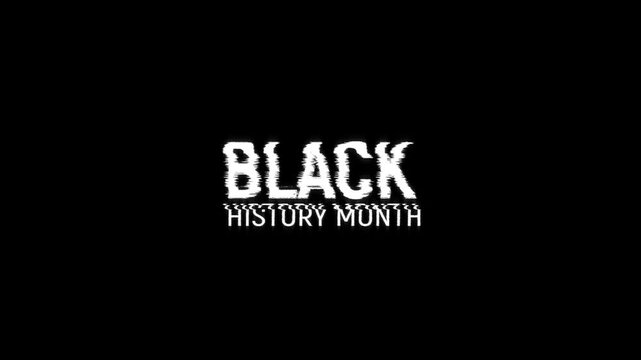 black history month text glitch effect animation title banner on background. word black history month glitch for intro, trailer, loop announcement 4k video