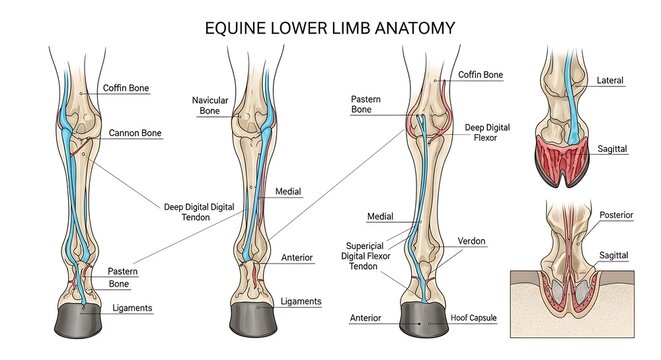 Equine lower limb anatomy diagram with tendons and bone structure