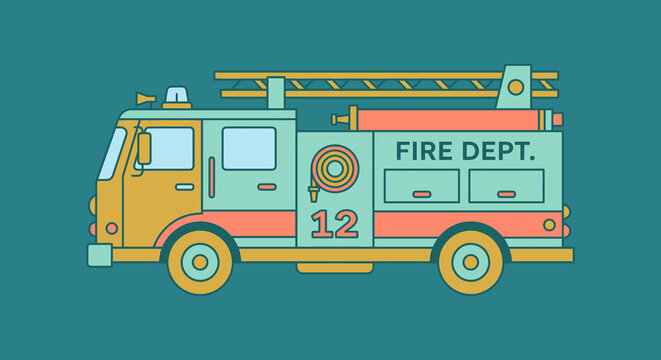Stylized fire truck illustration with ladder side view vector graphic for children's designs