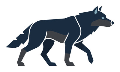 Fototapeta premium Minimalist geometric wolf in a confident walking pose with solid navy and charcoal colors isolated on white. Wild animal strength concept