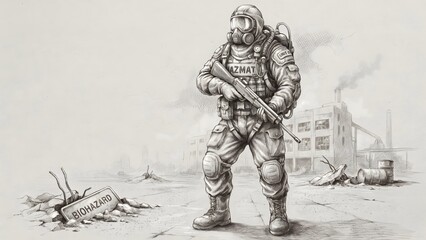 Fototapeta premium Military soldier in protective gear holding rifle amidst war zone scene