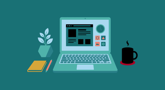 Modern workspace setup with laptop coffee and plant on teal background