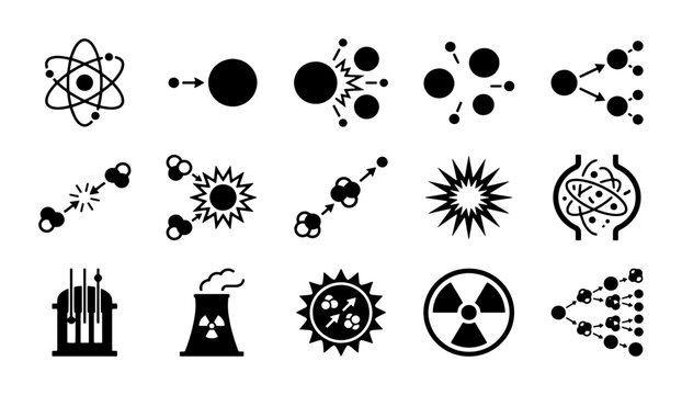 Nuclear energy icon set, 15 black atomic physics vector symbols, radioactive power plant and science diagrams for educational infographics