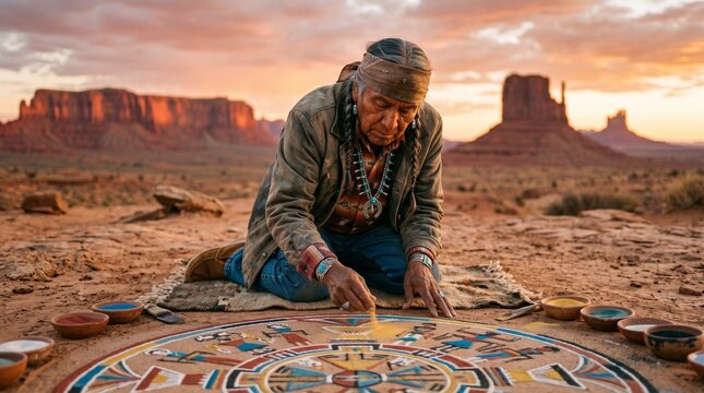 Navajo Sand Painter Creating Sacred Geometric Desert Artwork at Golden Sunset