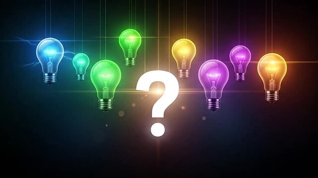 Colorful glowing light bulbs arranged with a central question mark