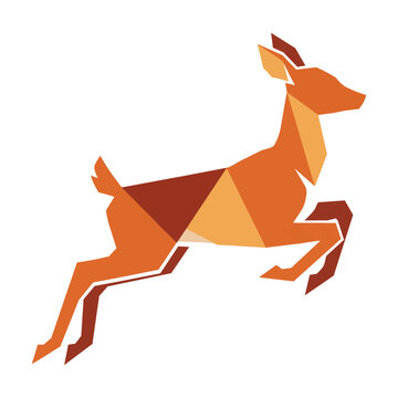 Geometric silhouette of a leaping fawn composed of sharp angular polygons in warm earth tones isolated on a white background modern wildlife design concept