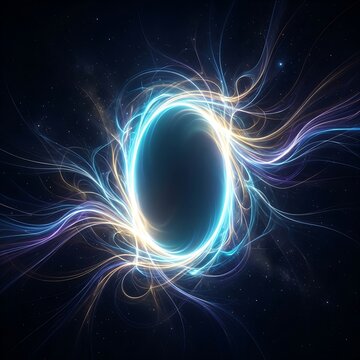 Abstract portal of swirling blue and gold energy light trails forming a circular gateway in deep space with soft glowing nebula particles surrounding the central event horizon