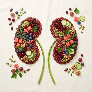 Food arranged in the shape of human kidneys on a white background representing healthy food choices for renal health and kidney function improvement through nutrition