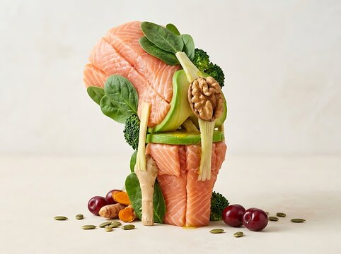 Salmon fillets and fresh vegetables arranged into the shape of a human knee joint representing joint health and anti inflammatory nutrition for orthopedic wellness