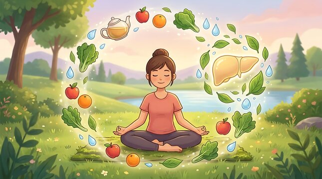 Woman practicing yoga in nature surrounded by healthy food and water icons representing liver detoxification and holistic body wellness digital illustration for health awareness